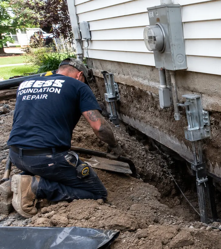 Foundation repair technician installing steel pier brackets on a residential foundation